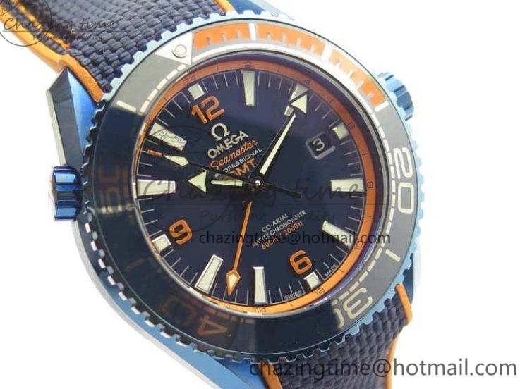 0818 FreshLook Planet Ocean 45mm GMT Blue DLC Black OMF Best Edition Blue Dial On Blue Gummy Strap A 8123